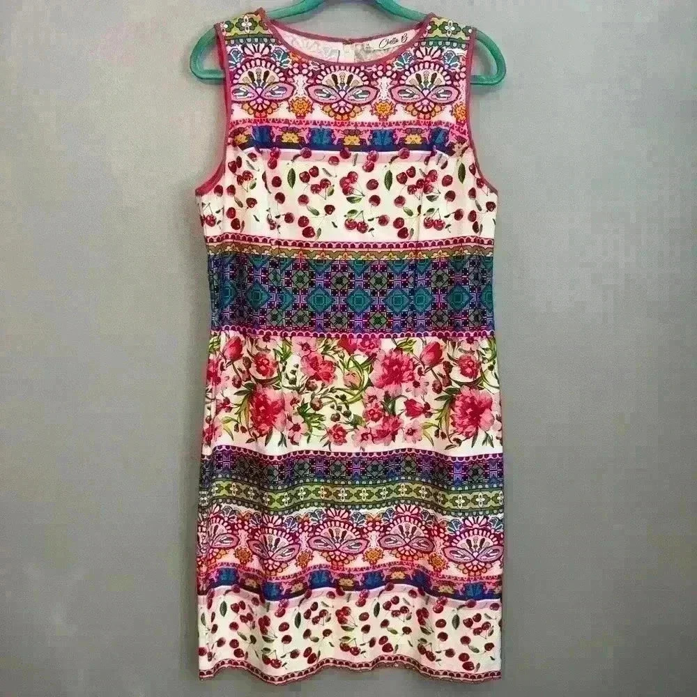 EUC Chetta B Mixed Print Floral Cherry Geo Sheath Shift Dress Size 14